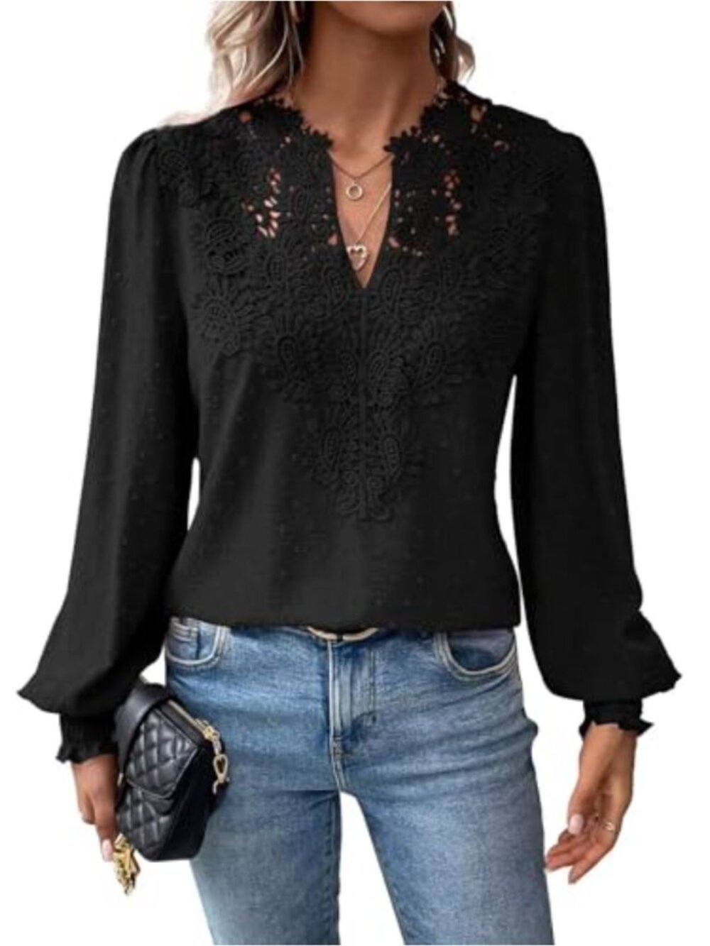 Falechay Women's Boho Lace Floral V Neck Long Sleeve Tunic Top